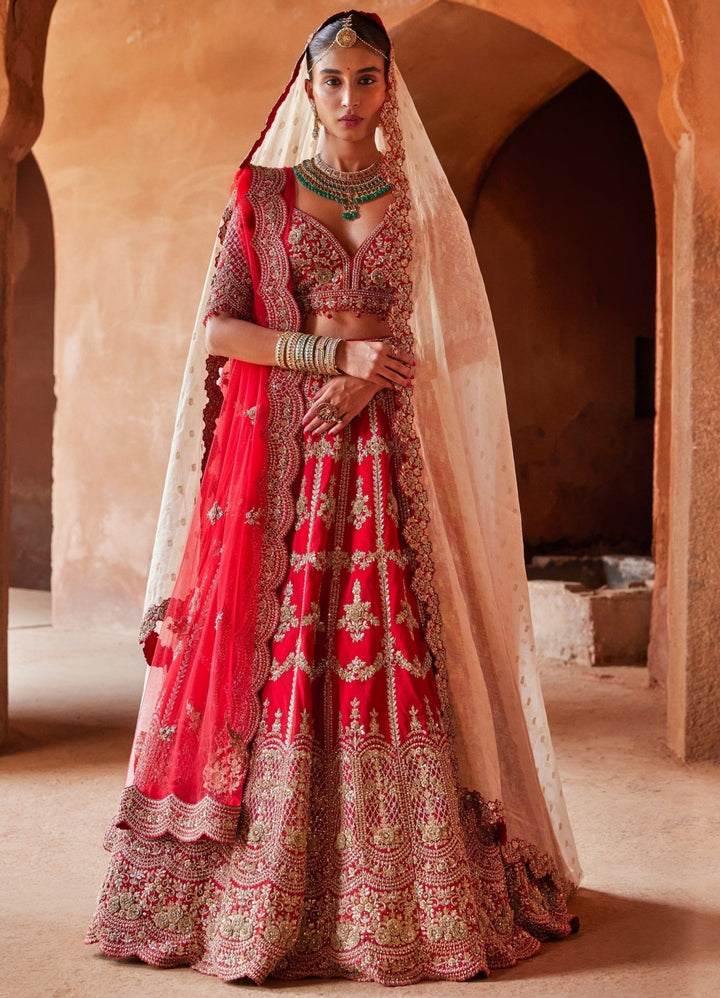 Scarlet Red Bridal Silk Lehenga With Gold Floral Detailing Nitika Gujral - Fabilicious Fashion