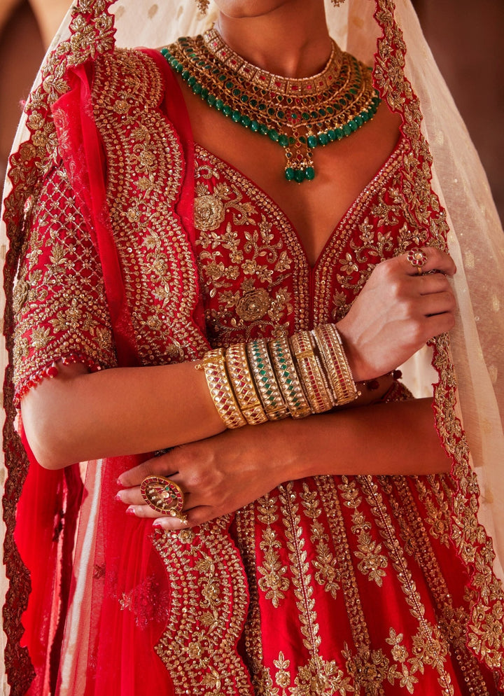 Scarlet Red Bridal Silk Lehenga With Gold Floral Detailing Nitika Gujral - Fabilicious Fashion