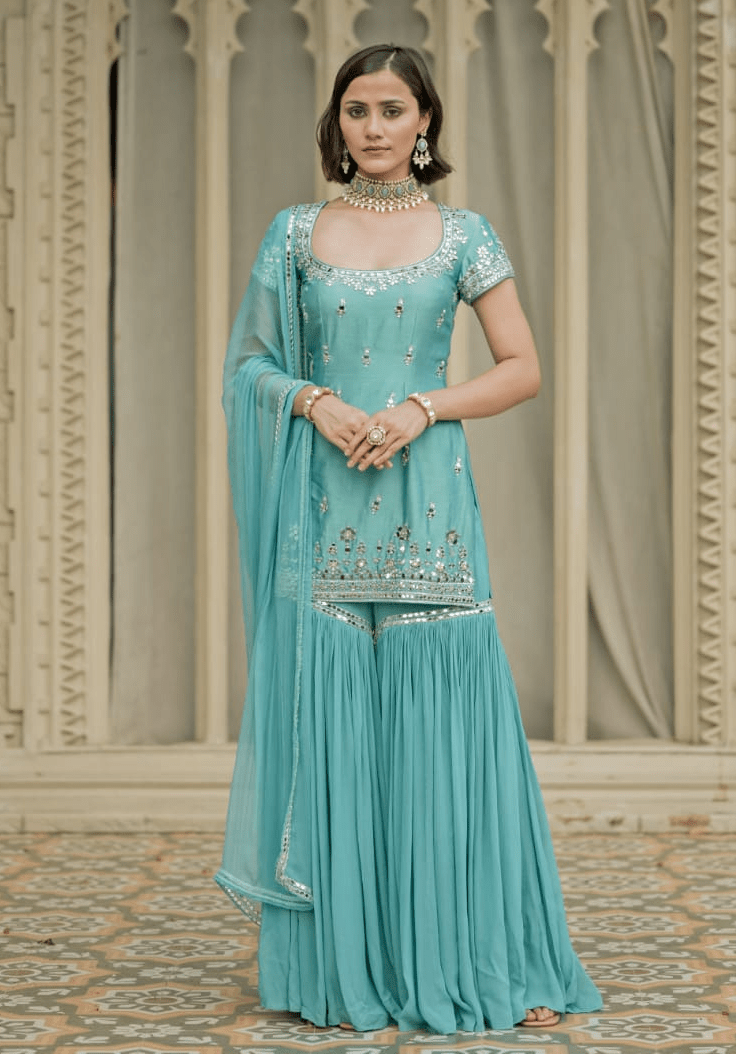 Esha Koul Sky Blue Chanderi Silk Kurta Sharara Set 3XL Esha Koul Sky Blue Chanderi Silk Kurta Sharara Set 3XL