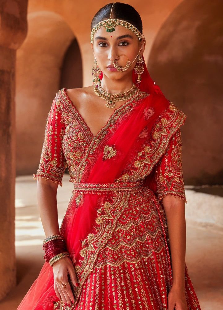 Vermillion Red Embellished Bridal Silk Lehenga Set With Belt Nitika Gujral - Fabilicious Fashion