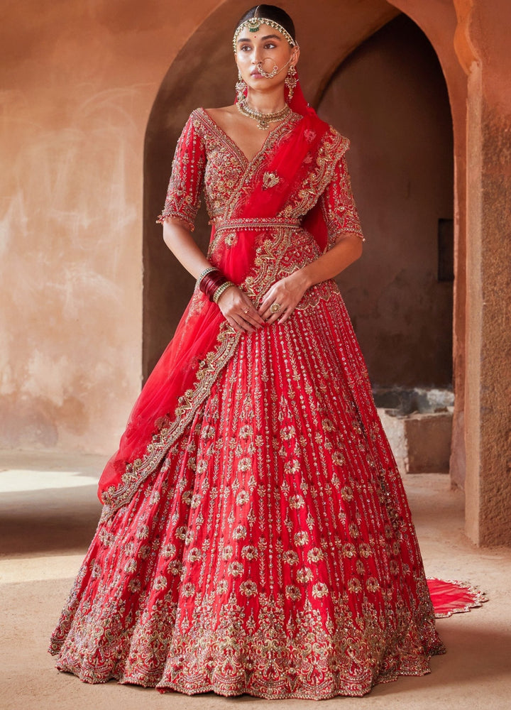 Vermillion Red Embellished Bridal Silk Lehenga Set With Belt Nitika Gujral - Fabilicious Fashion