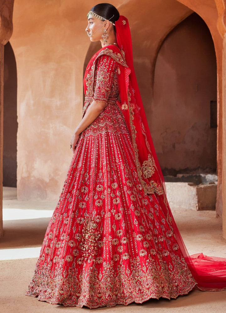 Vermillion Red Embellished Bridal Silk Lehenga Set With Belt Nitika Gujral - Fabilicious Fashion