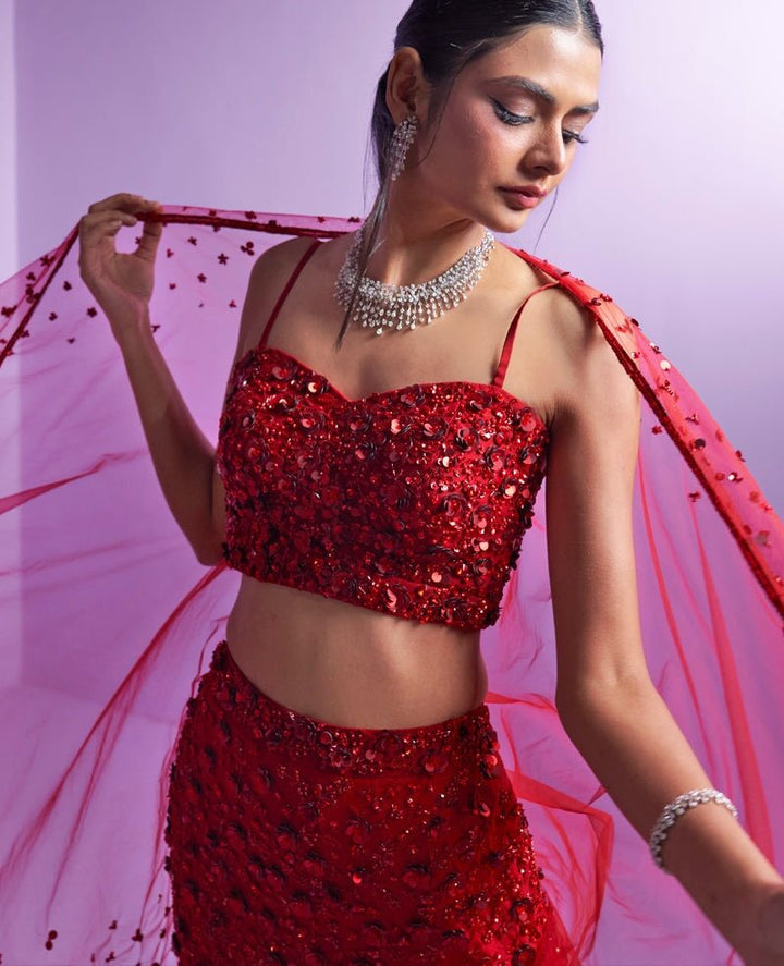 Vivid Red Crystal And Sequins Organza Lehenga Set Parul Gandhi - Fabilicious Fashion
