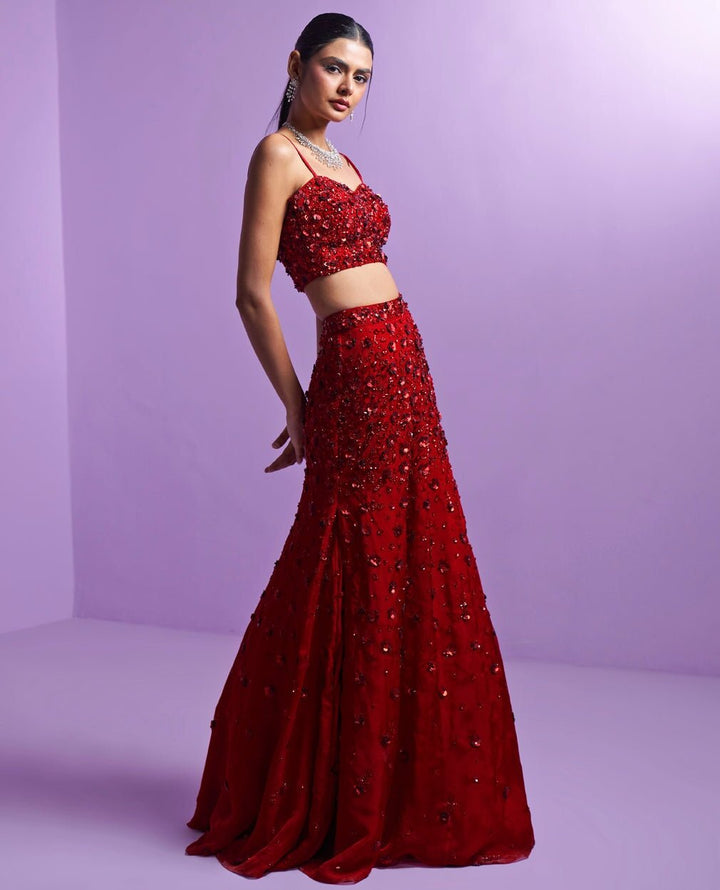 Vivid Red Crystal And Sequins Organza Lehenga Set Parul Gandhi - Fabilicious Fashion