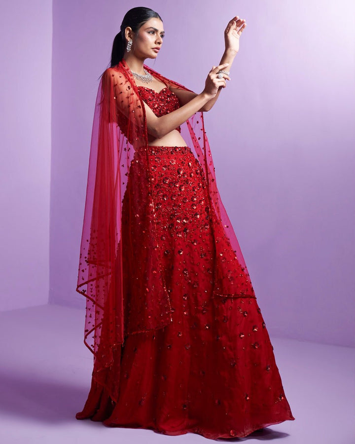 Vivid Red Crystal And Sequins Organza Lehenga Set Parul Gandhi - Fabilicious Fashion