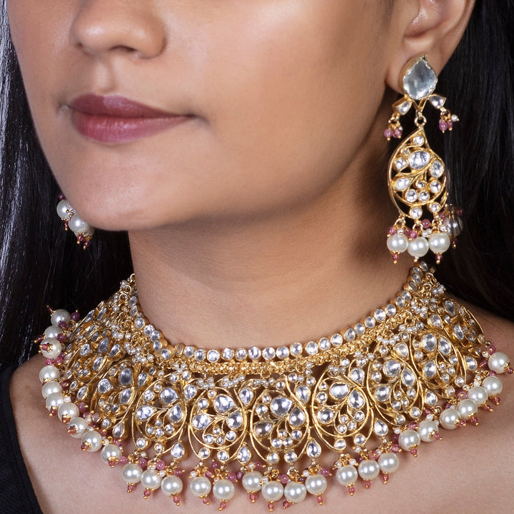 Whiite Small Stone Oval Motives Necklace Set Riana by Shikha Jindal - Fabilicious Fashion