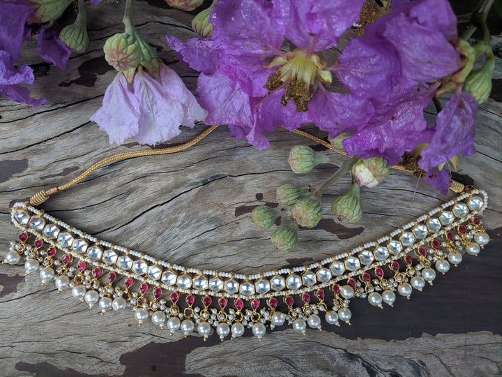 White And Pink Small Jadtar Stone Single Line Necklace With Pearl Riana by Shikha Jindal - Fabilicious Fashion