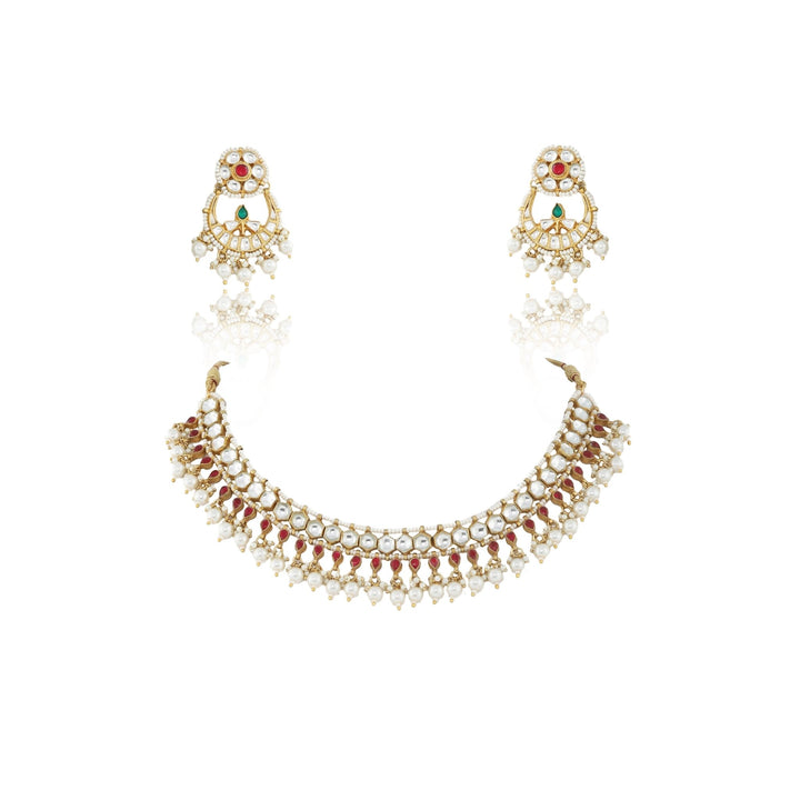 White And Pink Small Jadtar Stone Single Line Necklace With Pearl Riana by Shikha Jindal - Fabilicious Fashion