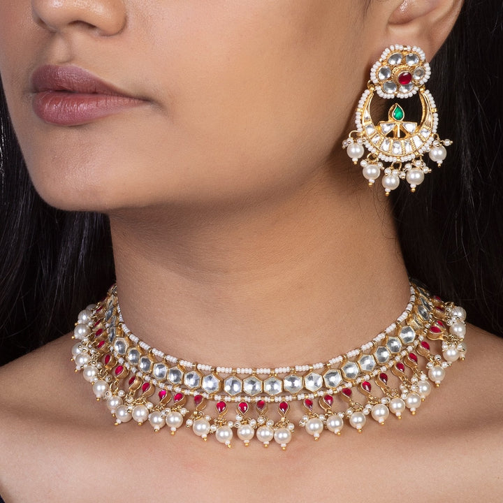 White And Pink Small Jadtar Stone Single Line Necklace With Pearl Riana by Shikha Jindal - Fabilicious Fashion