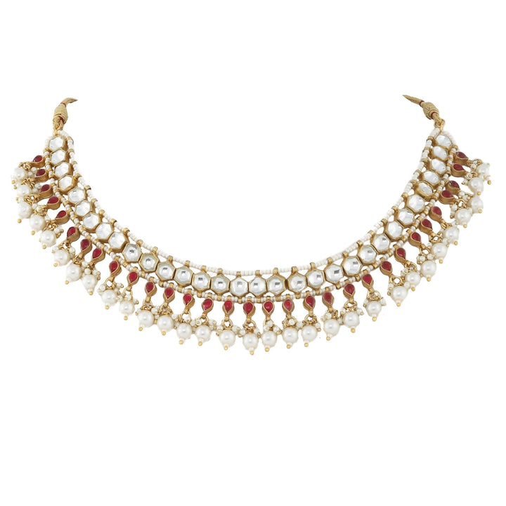 White And Pink Small Jadtar Stone Single Line Necklace With Pearl Riana by Shikha Jindal - Fabilicious Fashion