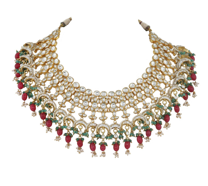 White Jadtar Stone Heavy Bridal Necklace Set Pink Beads And Jhumki Earrings Riana by Shikha Jindal - Fabilicious Fashion