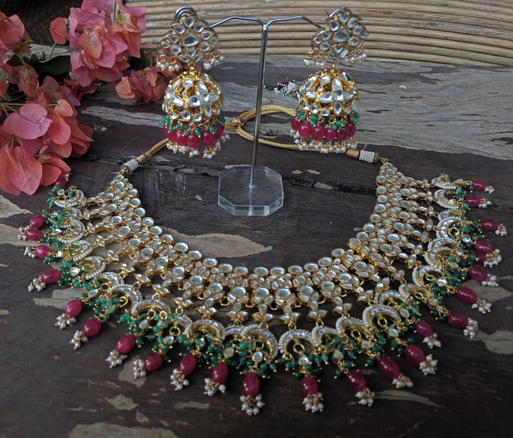 White Jadtar Stone Heavy Bridal Necklace Set Pink Beads And Jhumki Earrings Riana by Shikha Jindal - Fabilicious Fashion