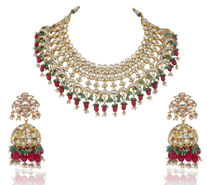 White Jadtar Stone Heavy Bridal Necklace Set Pink Beads And Jhumki Earrings Riana by Shikha Jindal - Fabilicious Fashion