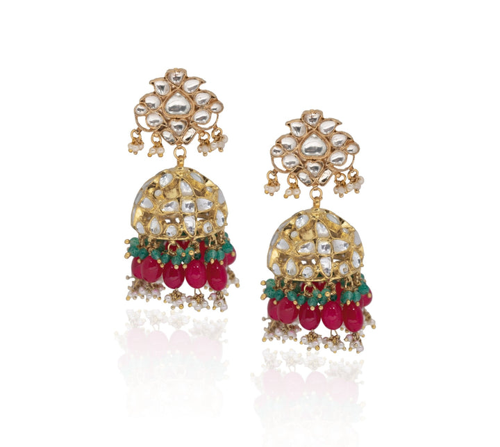 White Jadtar Stone Heavy Bridal Necklace Set Pink Beads And Jhumki Earrings Riana by Shikha Jindal - Fabilicious Fashion