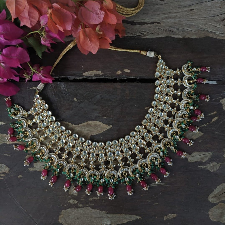 White Jadtar Stone Heavy Bridal Necklace Set Pink Beads And Jhumki Earrings Riana by Shikha Jindal - Fabilicious Fashion