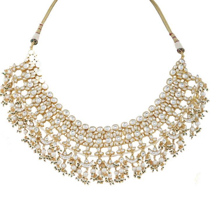 White Jadtar Stone Heavy Bridal Set With Pearl Riana by Shikha Jindal - Fabilicious Fashion