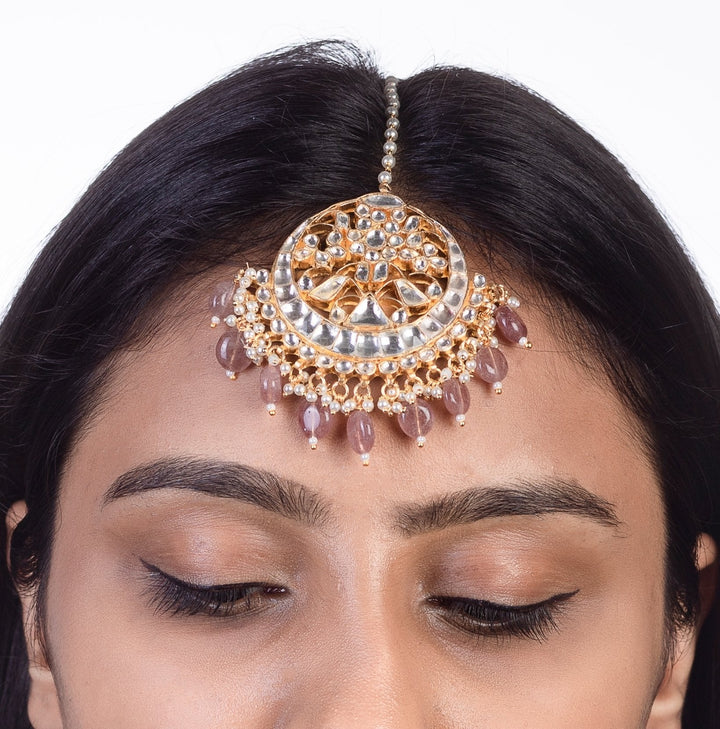 White Stone Round Shaped Tikka With Light Pink Beads Riana by Shikha Jindal - Fabilicious Fashion