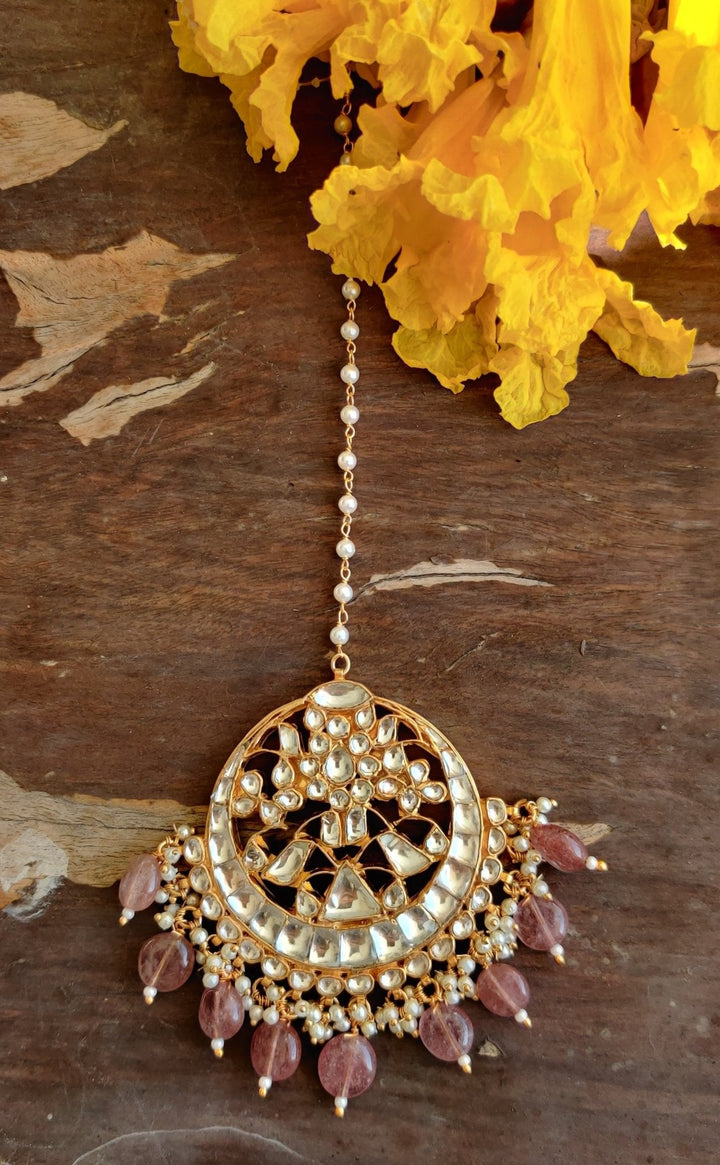 White Stone Round Shaped Tikka With Light Pink Beads Riana by Shikha Jindal - Fabilicious Fashion