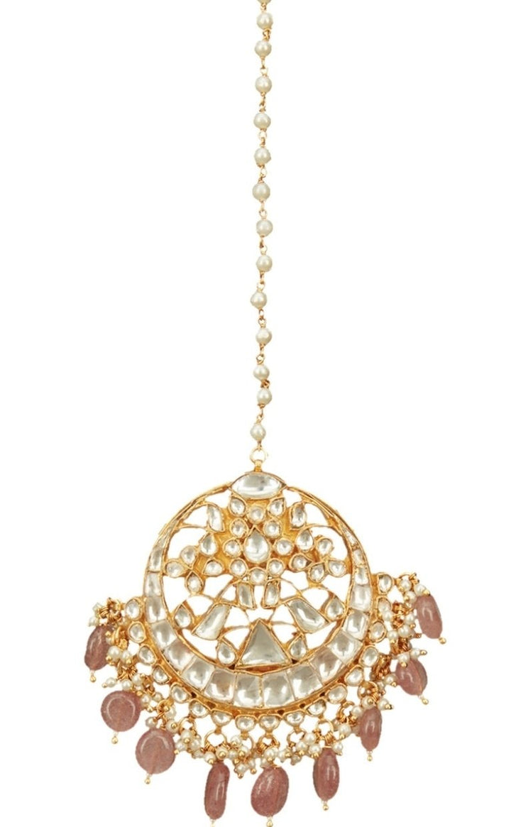 White Stone Round Shaped Tikka With Light Pink Beads Riana by Shikha Jindal - Fabilicious Fashion