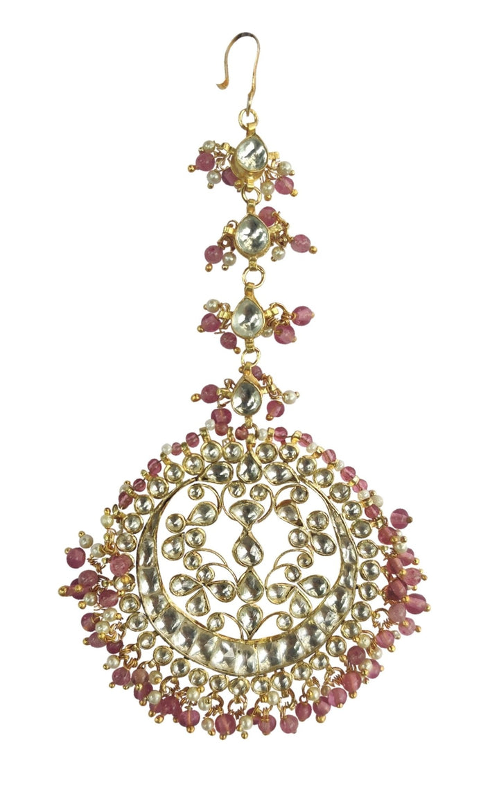 White Stone Tikka With White And Light Pink Hangings Riana by Shikha Jindal - Fabilicious Fashion