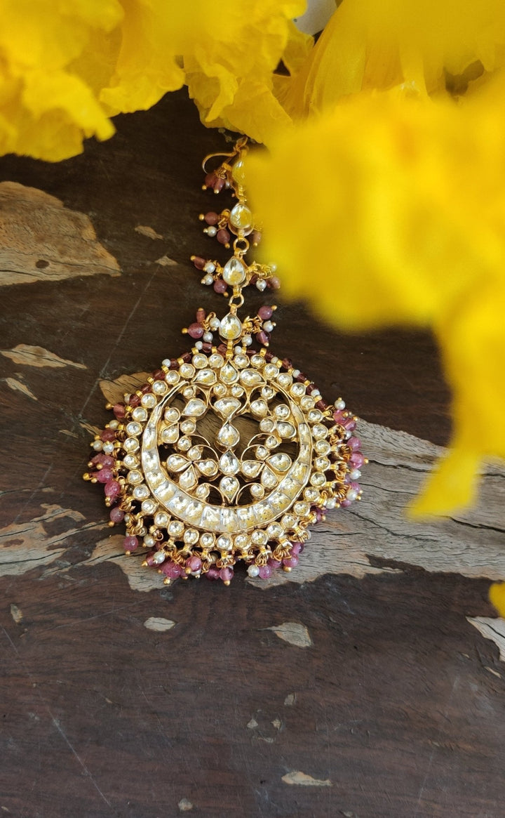 White Stone Tikka With White And Light Pink Hangings Riana by Shikha Jindal - Fabilicious Fashion