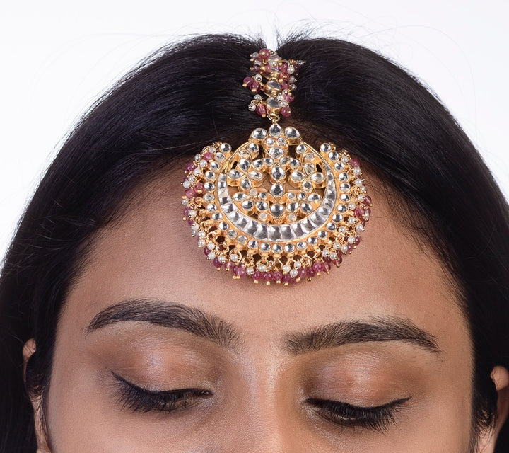 White Stone Tikka With White And Light Pink Hangings Riana by Shikha Jindal - Fabilicious Fashion