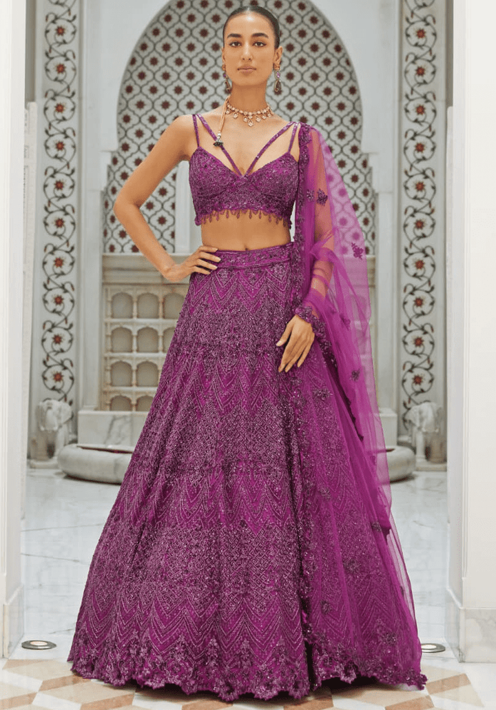 Wine Embroidered Bridal Lehenga Set Nitika Gujral - Fabilicious Fashion
