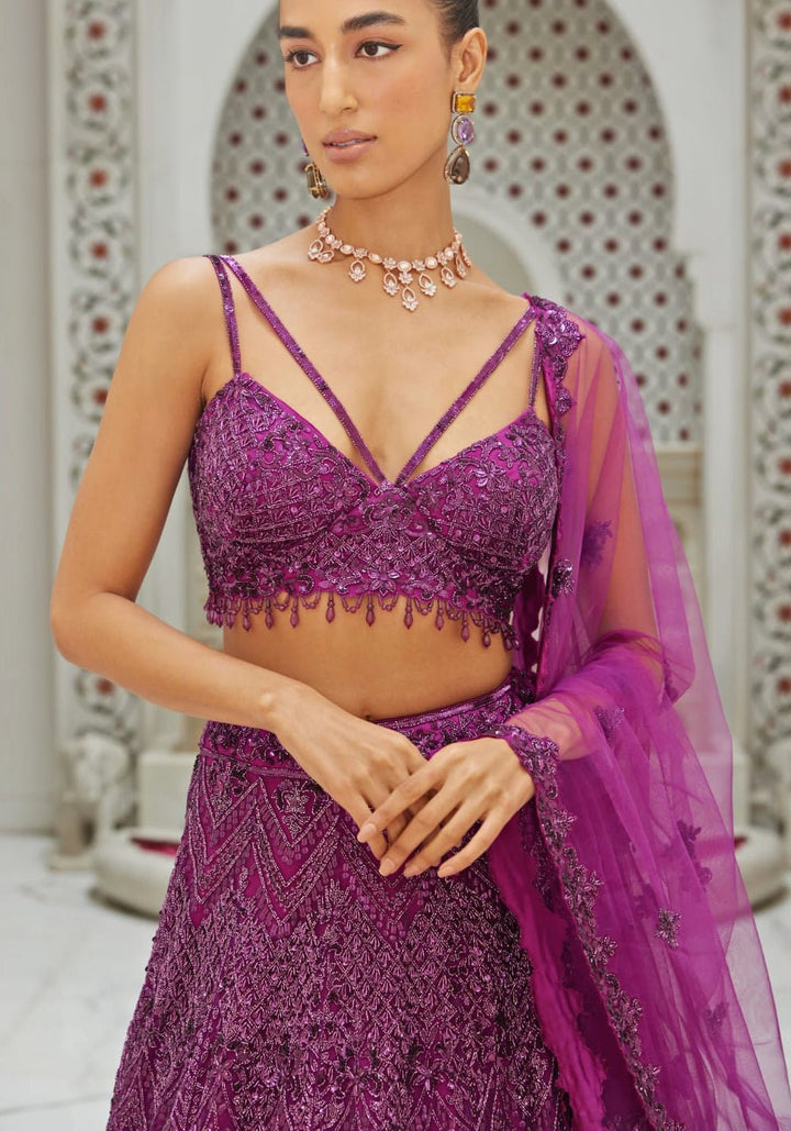 Wine Embroidered Bridal Lehenga Set Nitika Gujral - Fabilicious Fashion