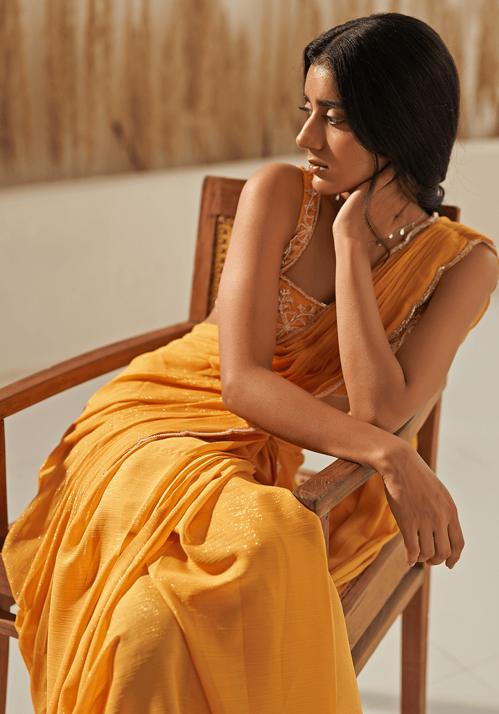 Yellow Georgette Embroidered Draped Saree Set Zoon Tribe - Fabilicious Fashion