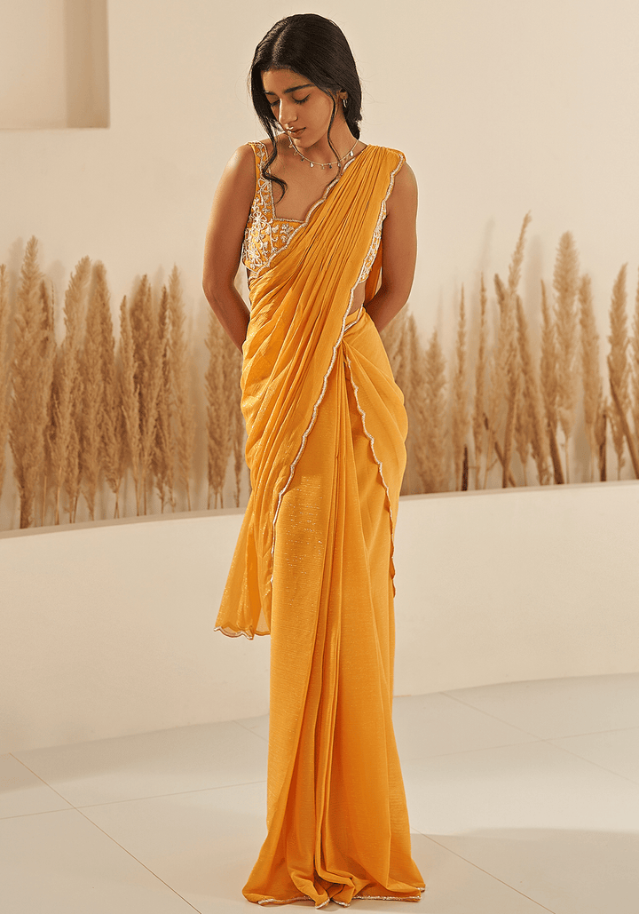 Yellow Georgette Embroidered Draped Saree Set Zoon Tribe - Fabilicious Fashion