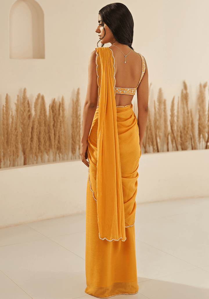 Yellow Georgette Embroidered Draped Saree Set Zoon Tribe - Fabilicious Fashion