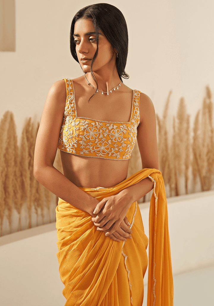 Yellow Georgette Embroidered Draped Saree Set Zoon Tribe - Fabilicious Fashion