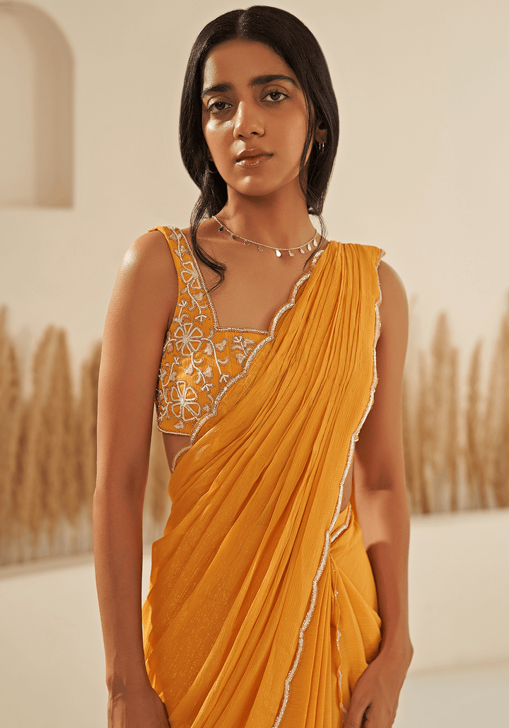 Yellow Georgette Embroidered Draped Saree Set Zoon Tribe - Fabilicious Fashion