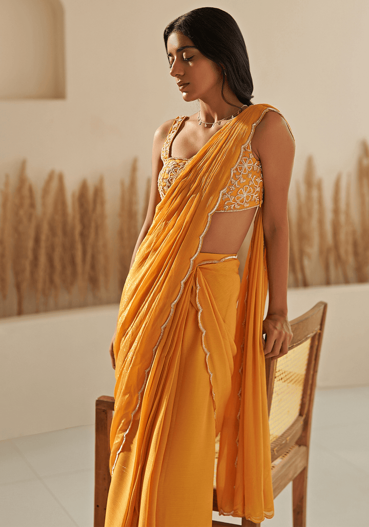 Yellow Georgette Embroidered Draped Saree Set Zoon Tribe - Fabilicious Fashion