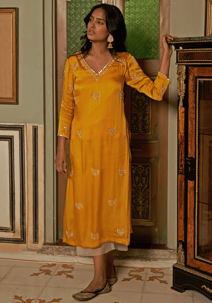 Yellow Satin Embroidered Kurta Pants Set Zoon Tribe - Fabilicious Fashion