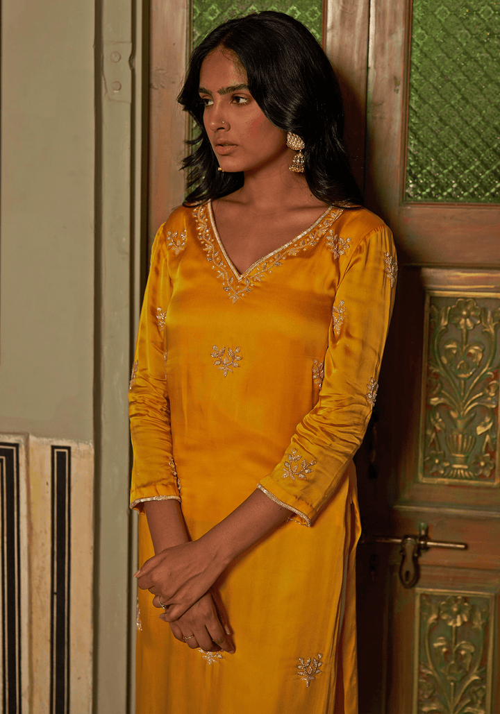 Yellow Satin Embroidered Kurta Pants Set Zoon Tribe - Fabilicious Fashion