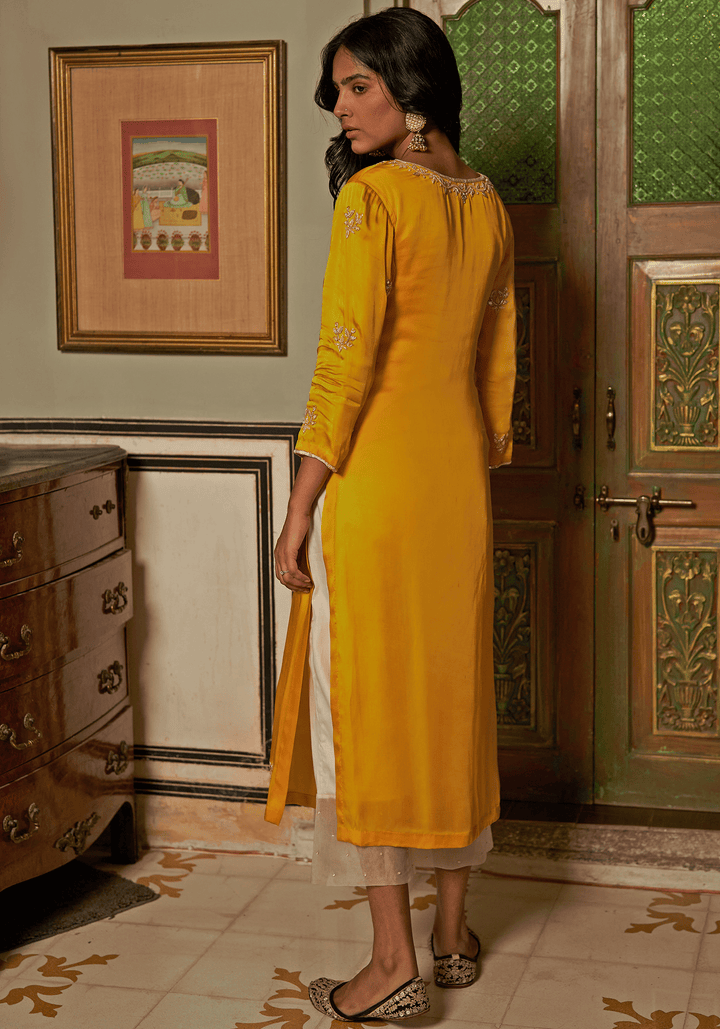Yellow Satin Embroidered Kurta Pants Set Zoon Tribe - Fabilicious Fashion