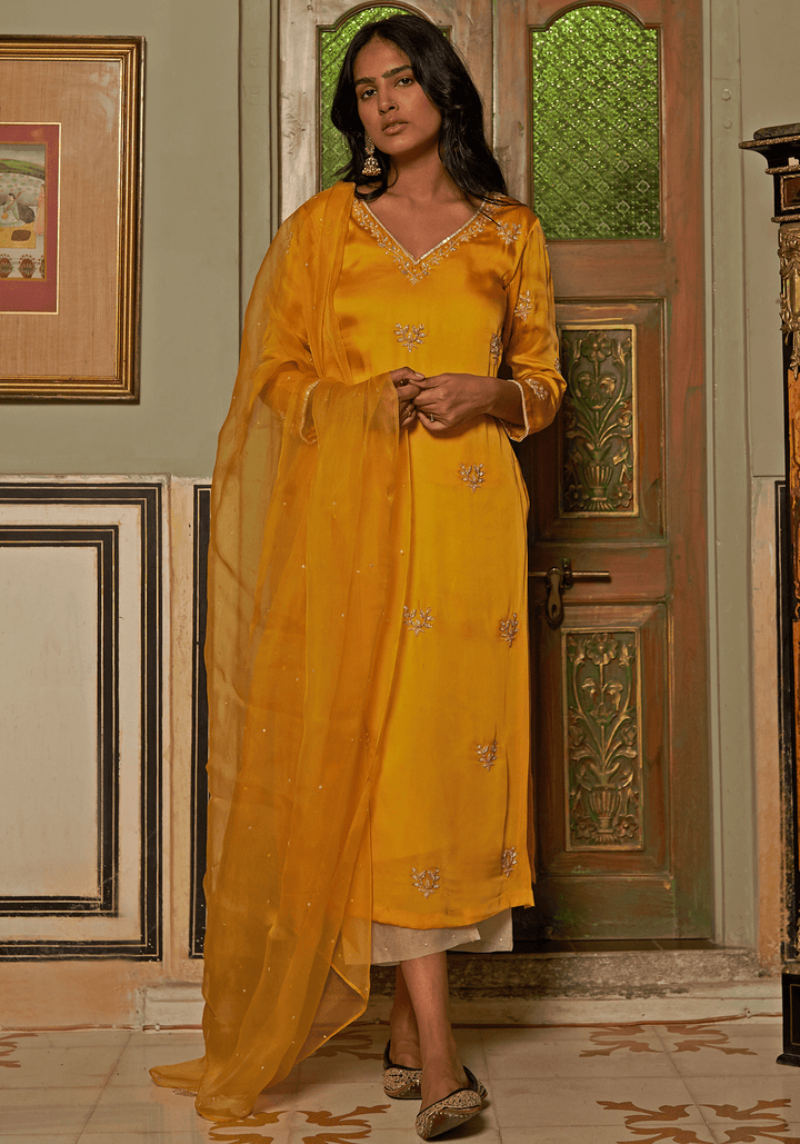 Yellow Satin Embroidered Kurta Pants Set Zoon Tribe - Fabilicious Fashion