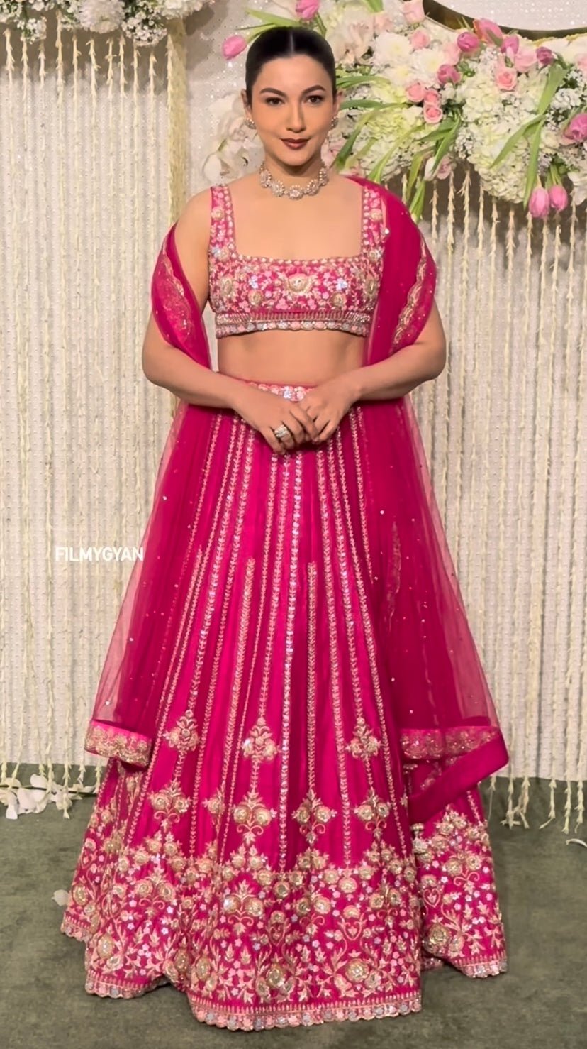 Gauhar Khan in a Rani Pink Embroidered Lehenga Set - Fabilicious Fashion