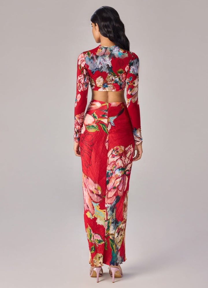 Red Multicolour Print Drape Skirt Set