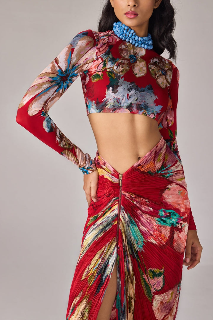 Red Multicolour Print Drape Skirt Set