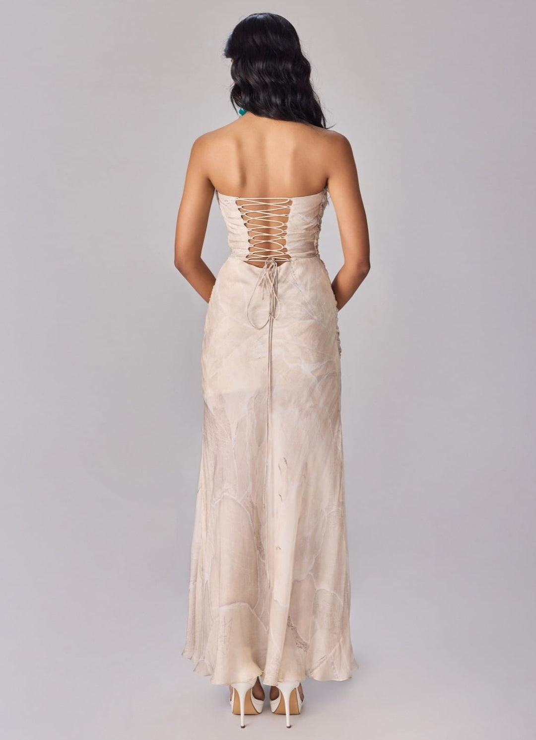 Ivory Floral Print Corset Style Gown