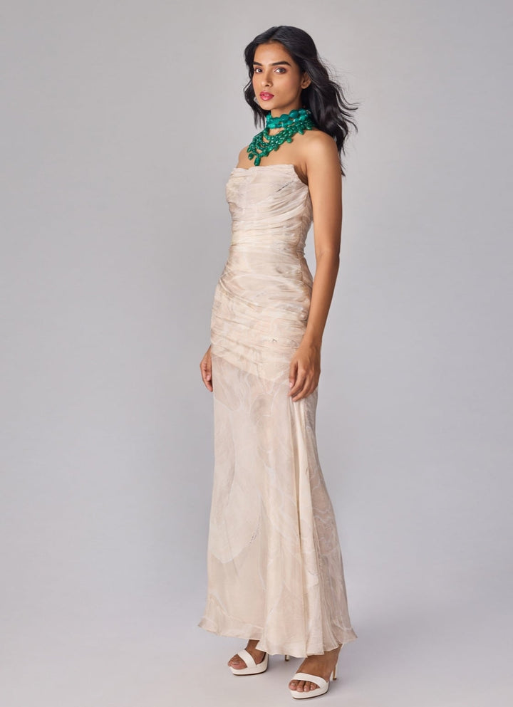 Ivory Floral Print Corset Style Gown