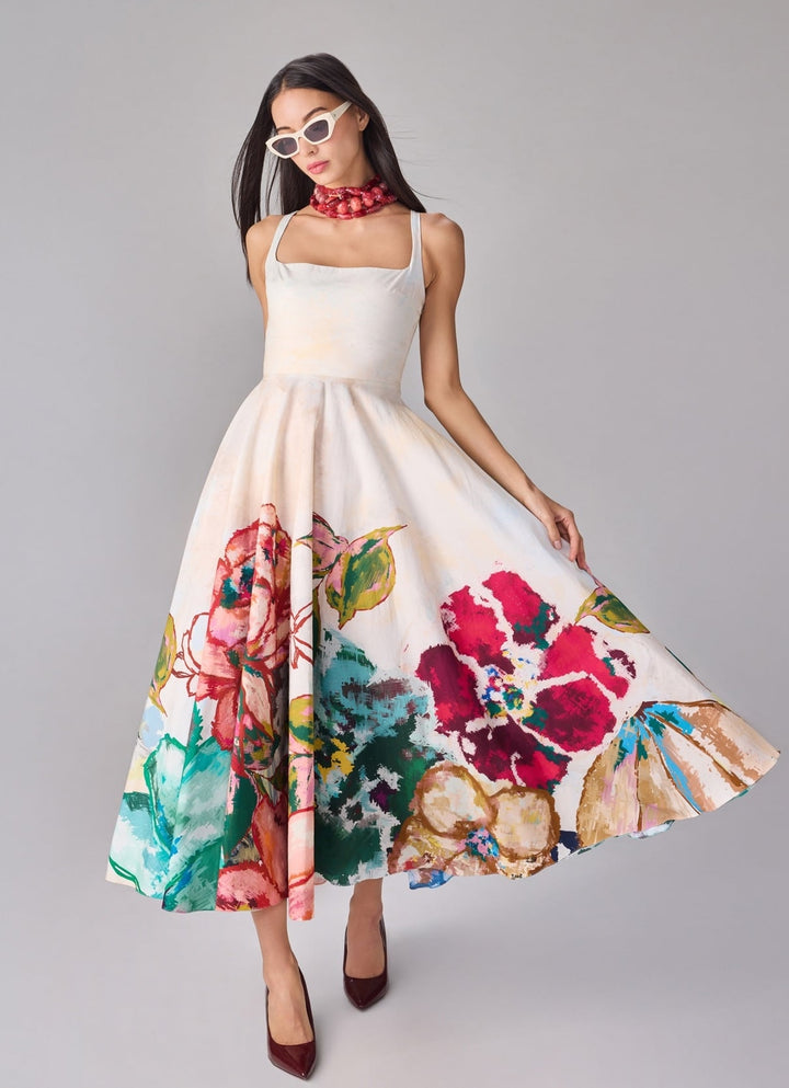 Ivory Multicolour Floral Print Midi Dress
