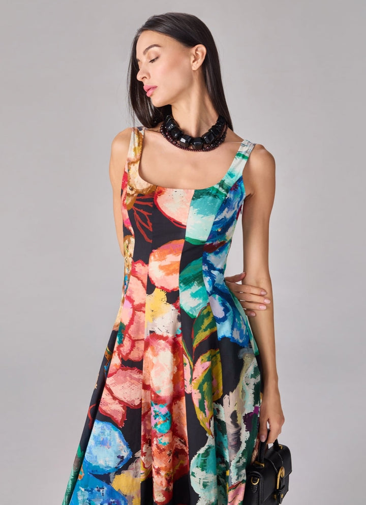 Multicolour Floral Print Midi Flared Dress
