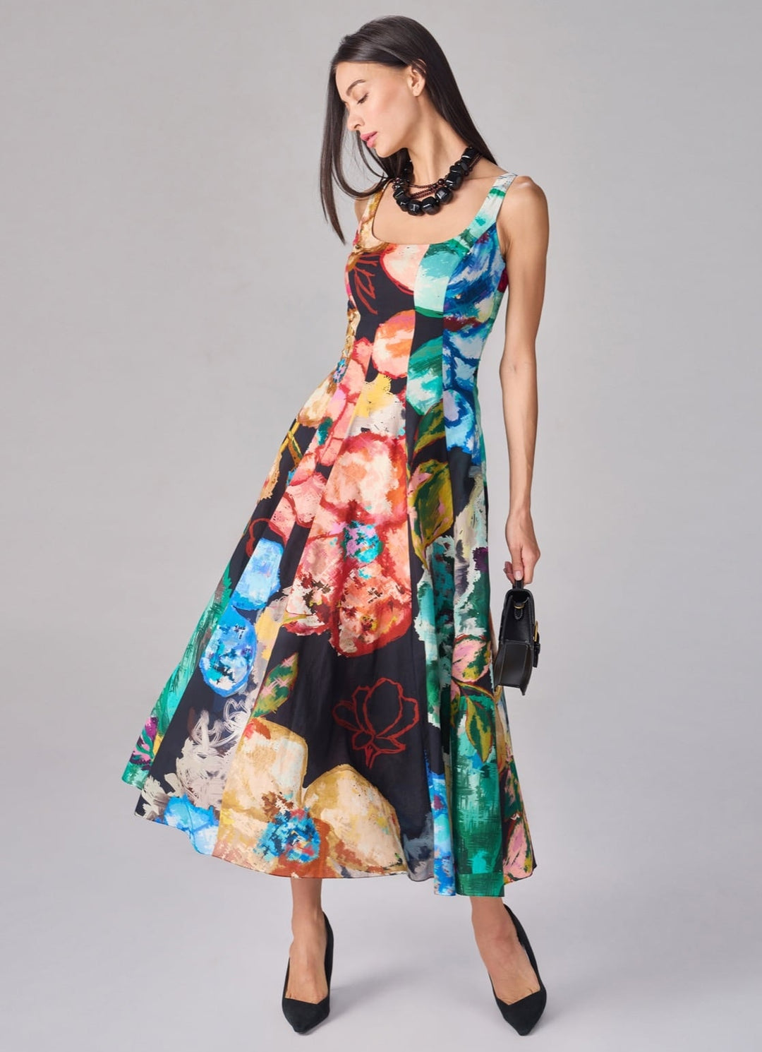 Multicolour Floral Print Midi Flared Dress