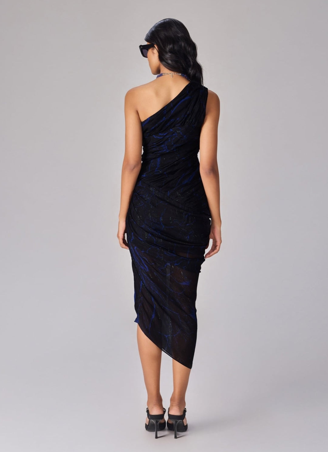 Black Floral Print One Shoulder Dress