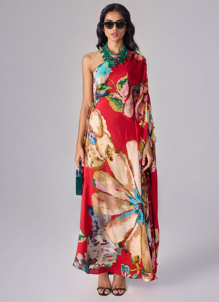 Saaksha & Kinni — Red Multicolour Floral Print One Shoulder Kaftan L