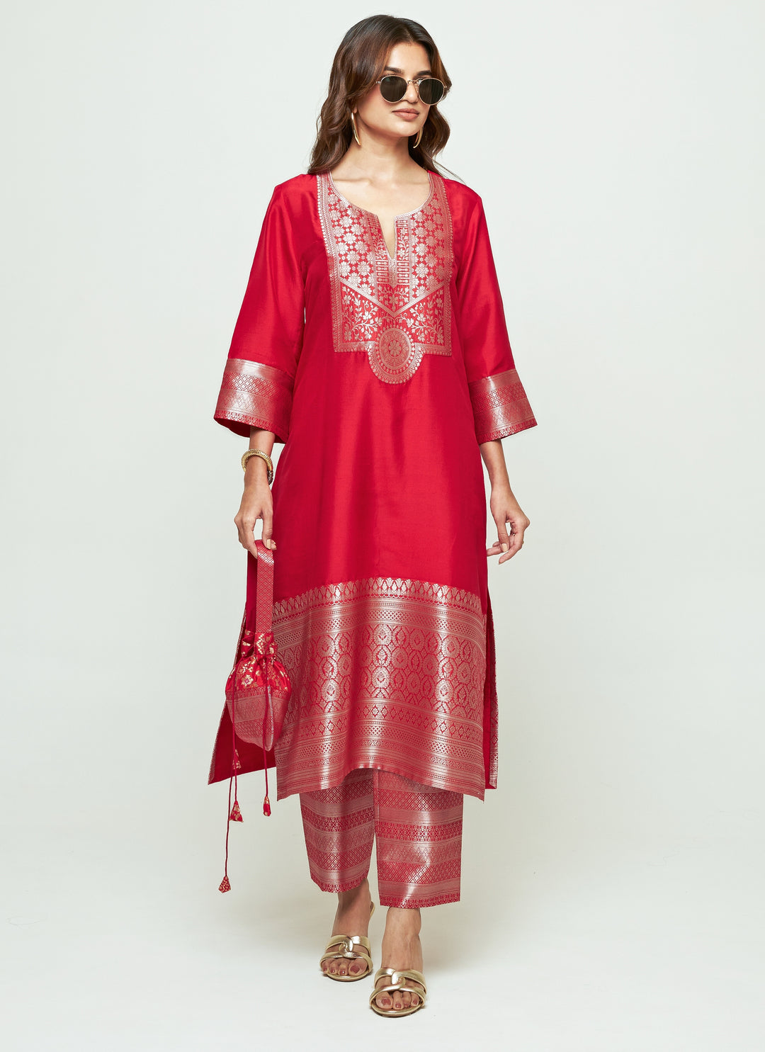 Red Silk Kurta Pants Set