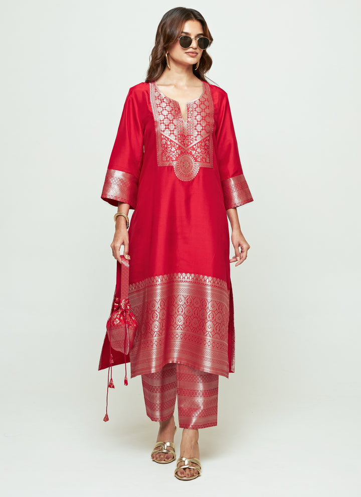 Red Silk Kurta Pants Set